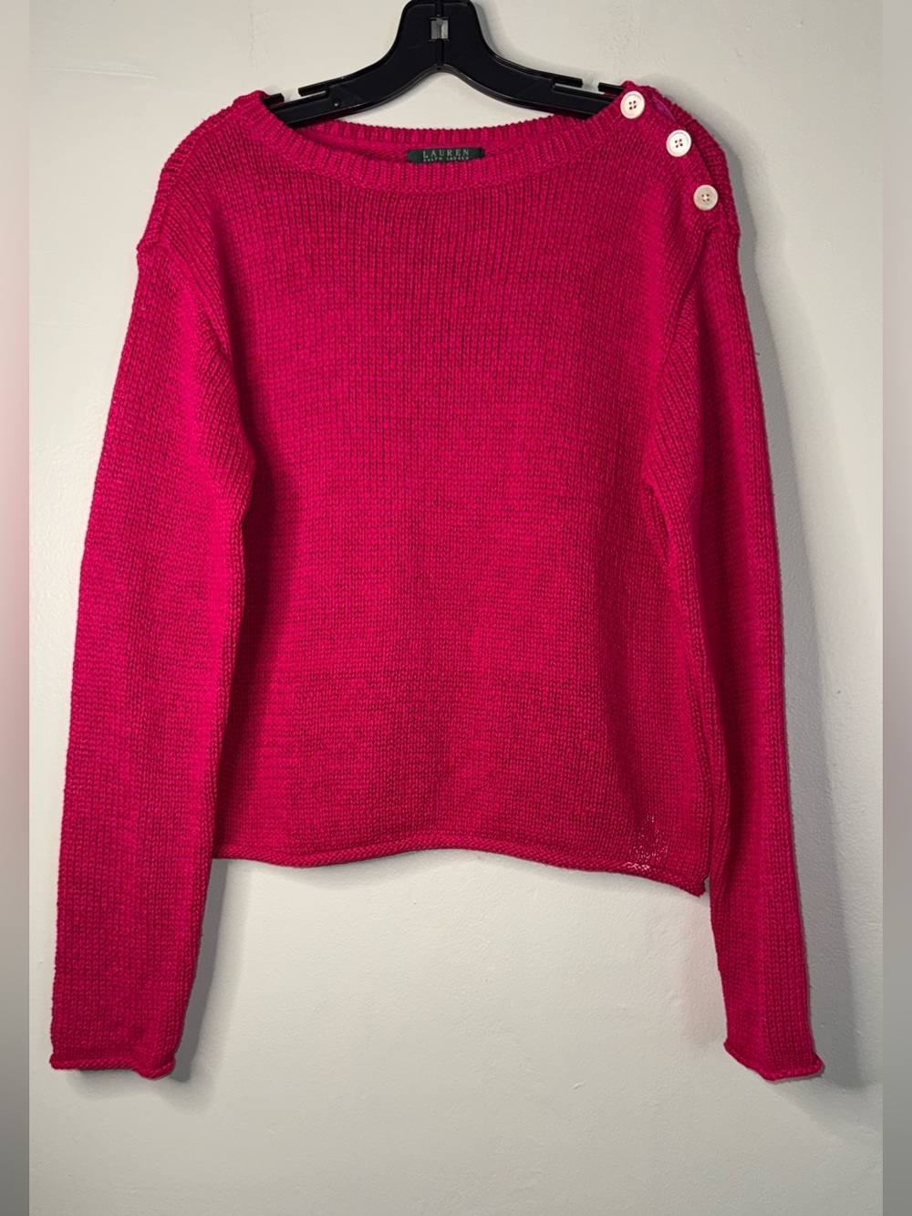 Lauren Ralph Lauren Bright Pink Button-Shoulder Crewneck Sweater